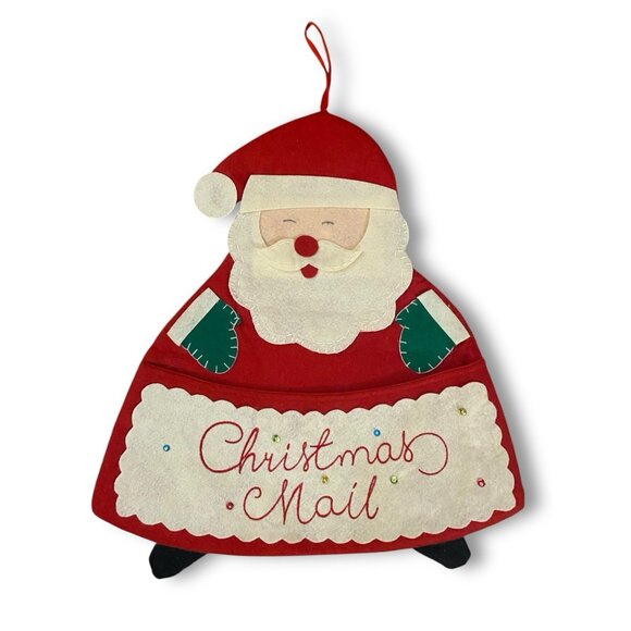 VTG Santa's Mail Handmade Felt Hanging Christmas Card Holder Sequins Retro MCM - Picture 1 of 5